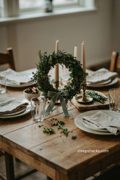 Fresh herb wreath Christmas table centerpiece with rosemary and thyme 