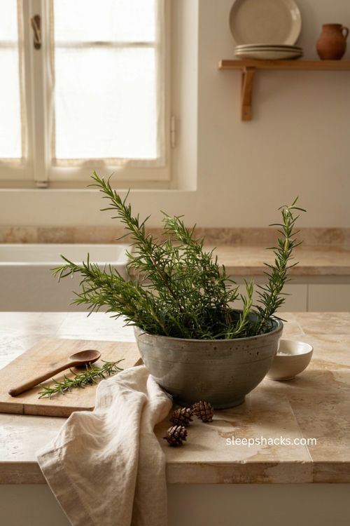Fresh rosemary Christmas kitchen counter decor with rustic farmhouse style 
