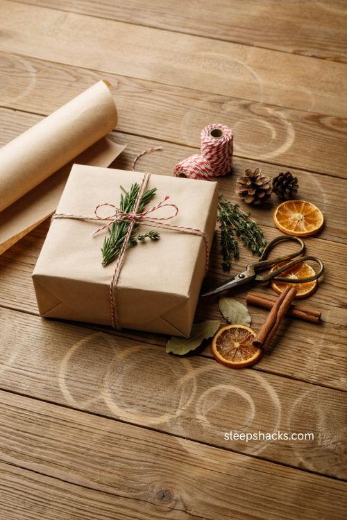 Fresh rosemary and thyme Christmas gift wrapping with rustic ribbon 