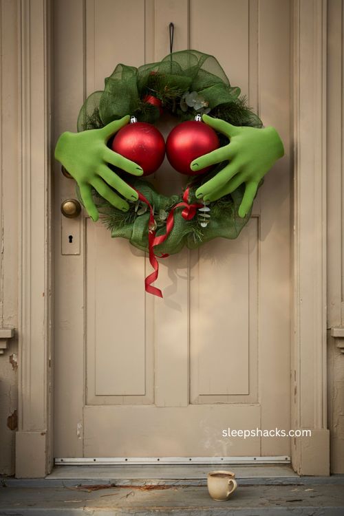 Front door grinch wreath with oversized ornaments green hands and red ribbon