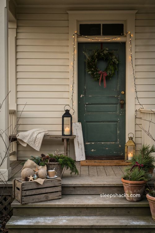 Front porch Christmas decor ideas DIY with handmade rustic decorations 