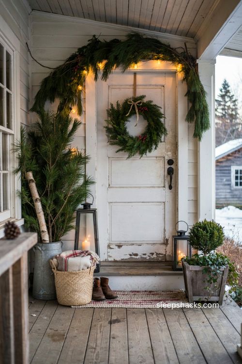 Front porch ideas to decorate for Christmas with farmhouse greenery