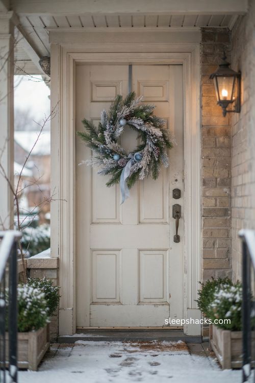 Frosted Christmas door swag with icy blue silver accents and snowy greenery