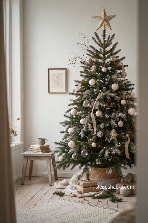 Frosted Christmas tree ideas with cozy snowy branches and neutral holiday decor