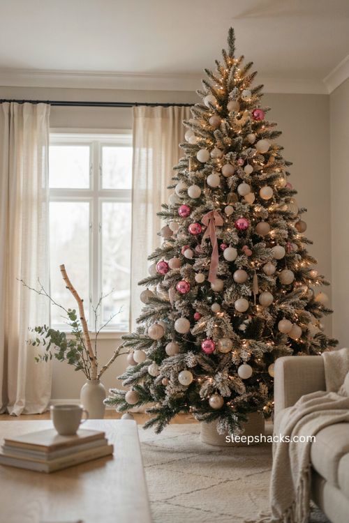 Frosted Christmas tree with bright pink ornaments and neutral holiday decor