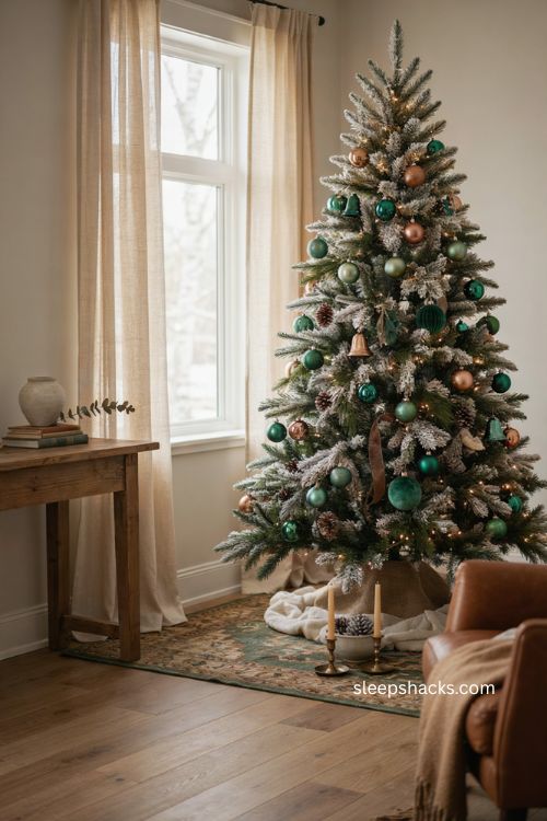 Frosted Christmas tree with deep green and bronze ornaments for designer holiday decor