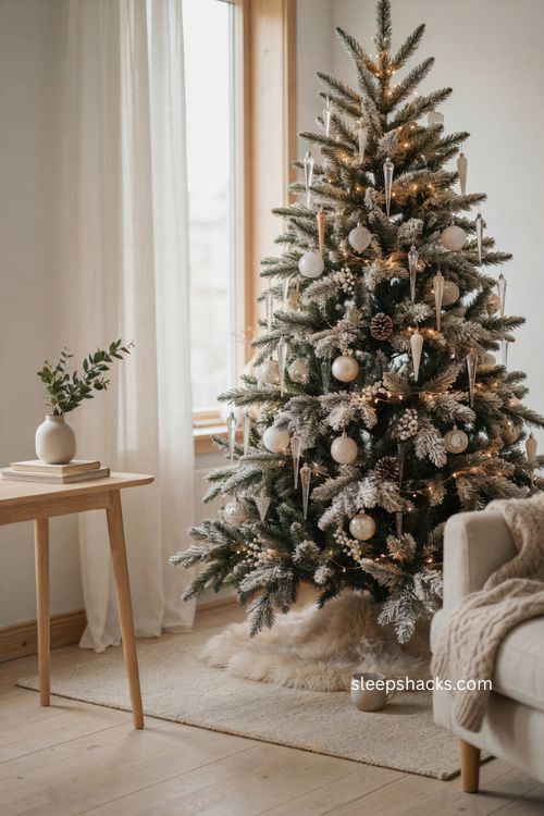 Frosted Christmas tree with finial ornaments for an elegant icicle effect