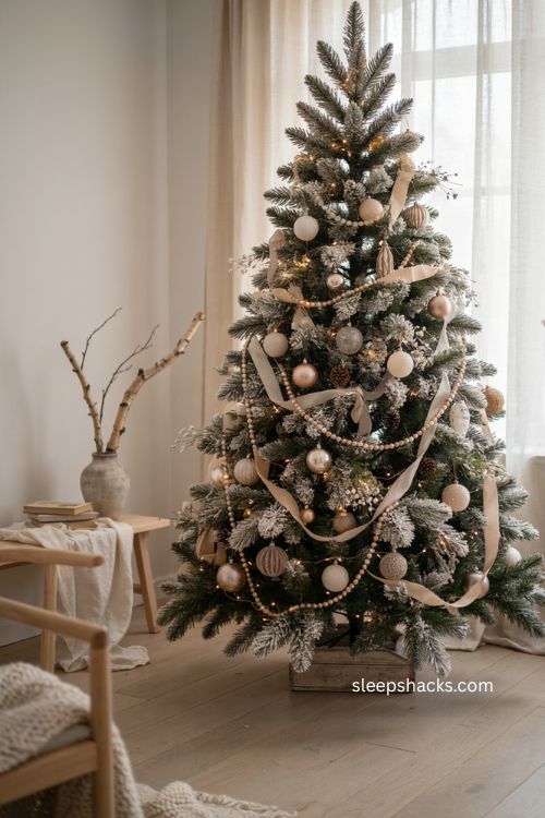 Frosted Christmas tree with layered beaded garland and ribbon