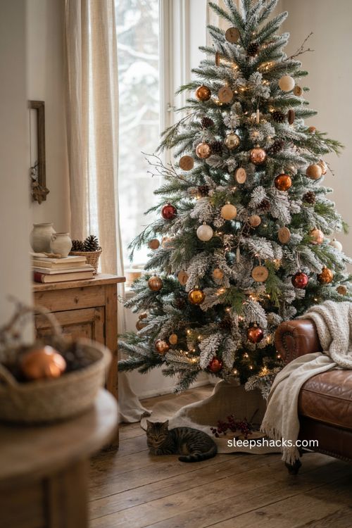Frosted Christmas tree with pinecones twigs and warm copper ornaments