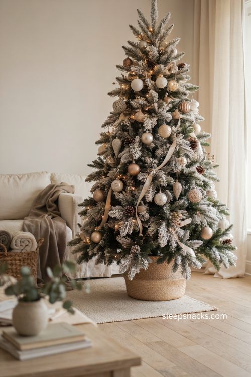 Frosted Christmas tree with statement tree collar and elegant holiday decor