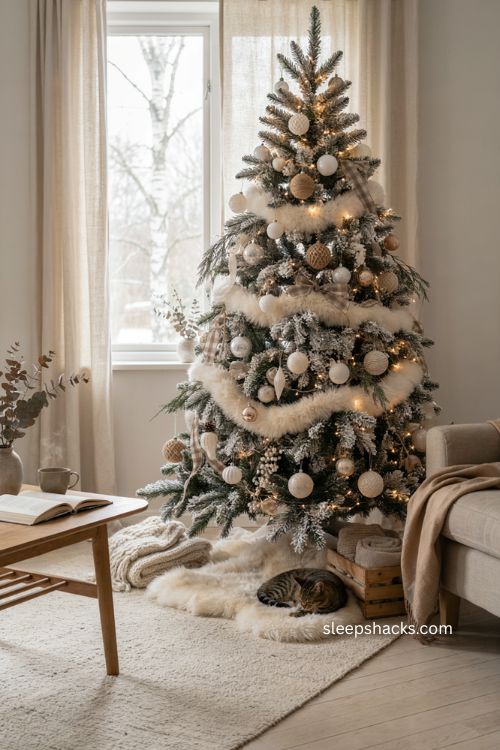 Frosted Christmas tree wrapped in faux fur with cozy neutral ornaments
