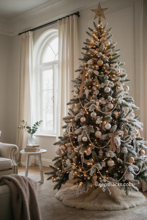 Frosted flocked tree glam Christmas decor ideas with gold and crystal