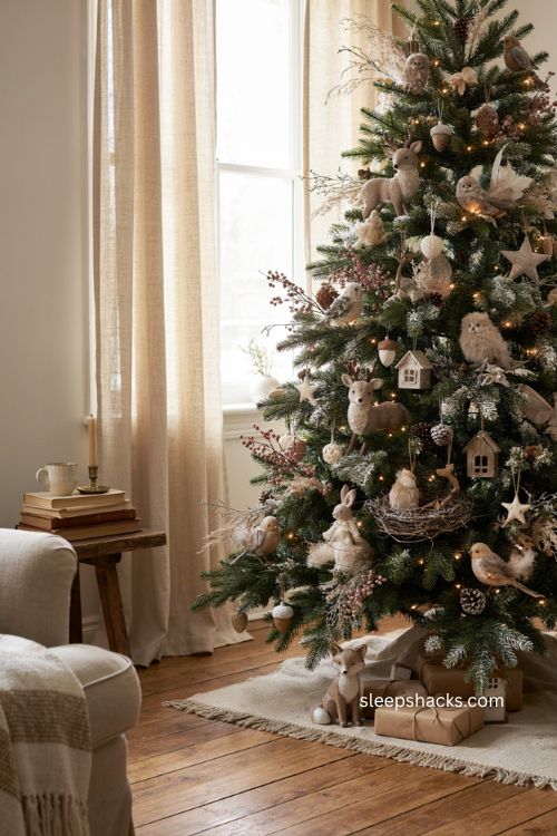 Frosted forest Christmas tree with white woodland animal ornaments 