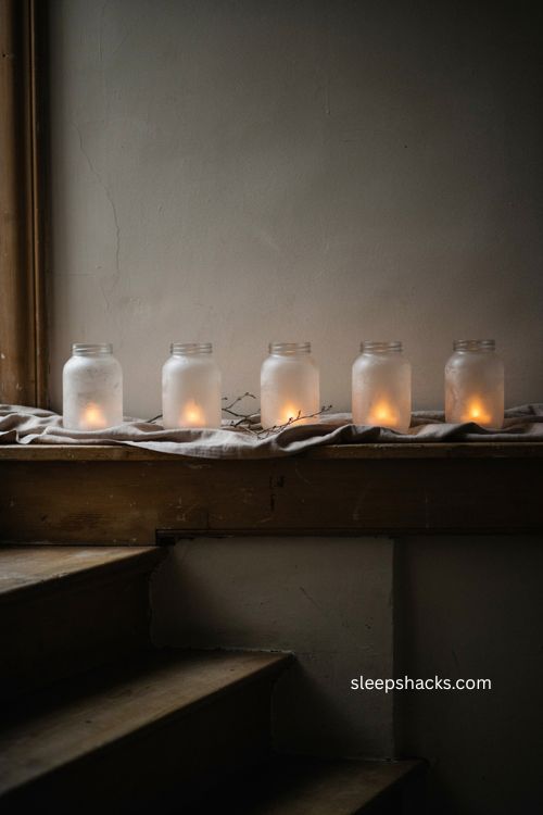 Frosted glass jars with flameless candles for minimalist Halloween decor