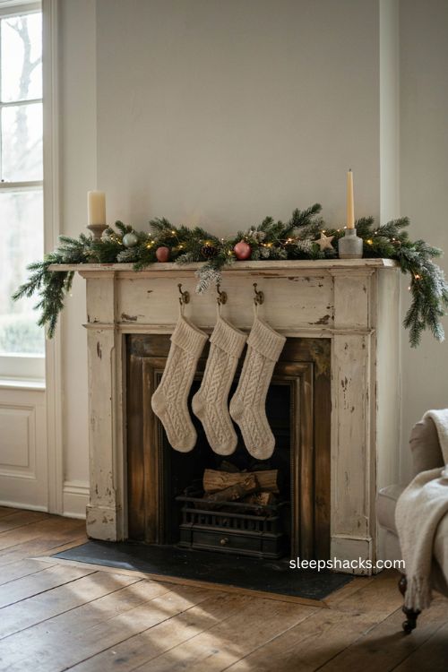 Frosted green mantel garland Christmas decor with stockings and warm lights