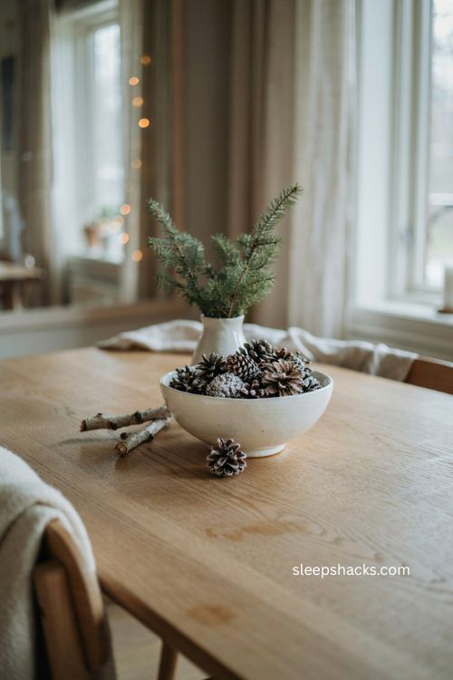 Frosted pinecones in a white bowl christmas coffee table decor 