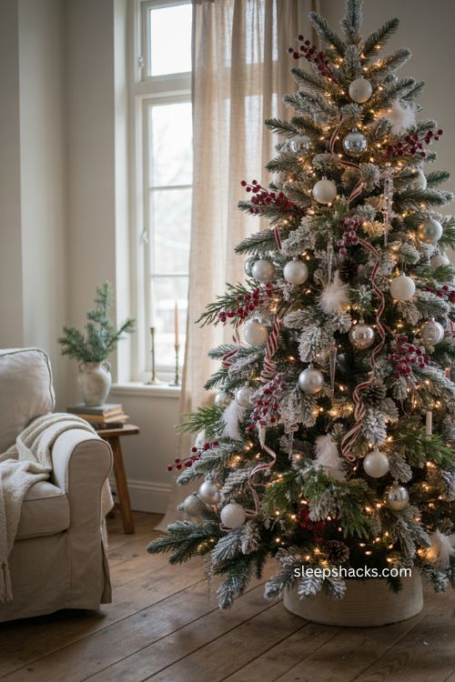 Frosted red berry stems on a white Christmas tree with silver ornaments and snowy holiday charm 