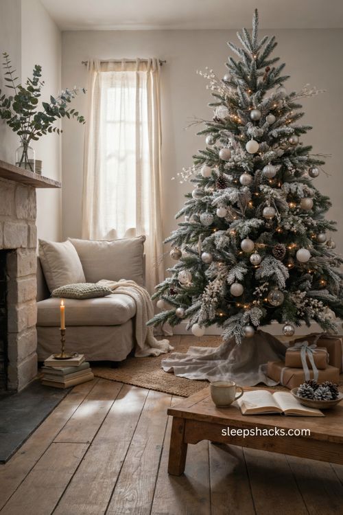 Frosted winter wonderland Christmas tree with silver ornaments white berries pinecones and warm lights