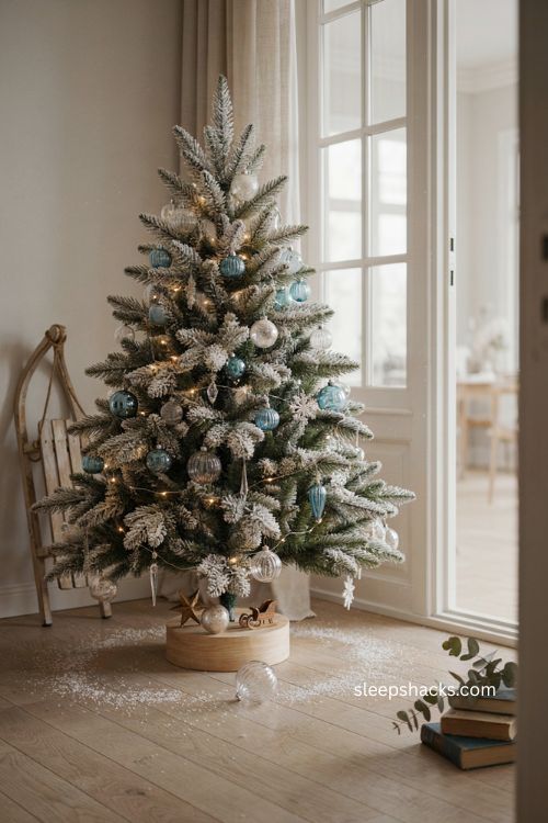 Frosted winter wonderland christmas tree with clear crystal ornaments icy blue accents silver snowflakes and natural window light 
