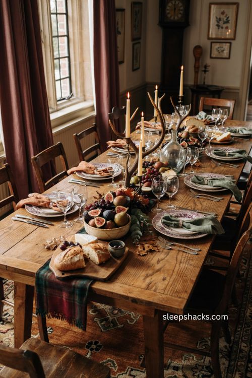 Fruit antler candle holders and glass demi john Thanksgiving centerpiece with Ralph Lauren style 