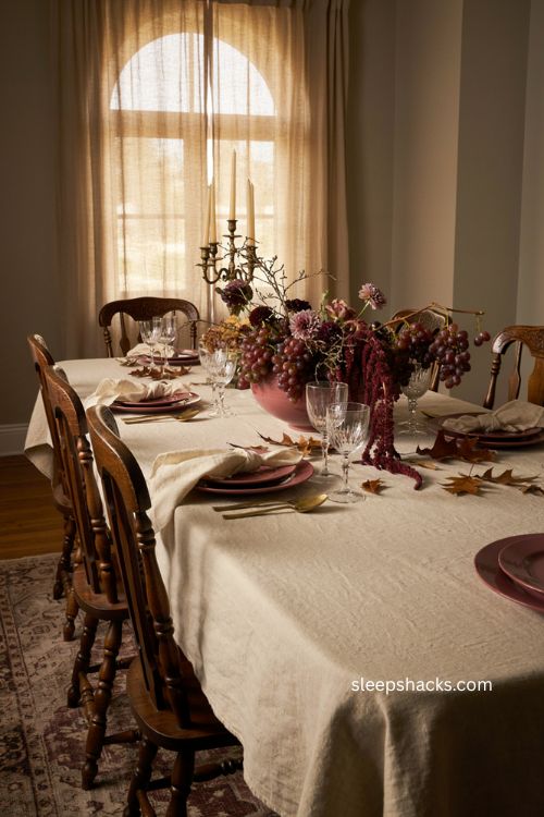 Fruit-filled Thanksgiving floral centerpiece with purple grapes amaranth branches and jewel-toned table decor 