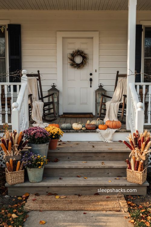 Full Thanksgiving porch display with purple yellow mums pumpkins corn and cozy blankets 