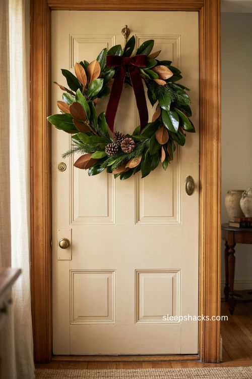 Full magnolia leaf Christmas swag with evergreen pinecones and velvet ribbon