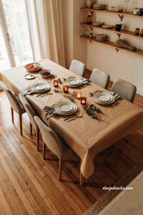 Full table butcher paper Thanksgiving table with farmhouse decor candles pumpkins and neutral dinnerware 