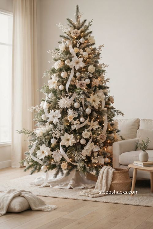 Full white floral Christmas tree with frosted greenery and elegant holiday charm 
