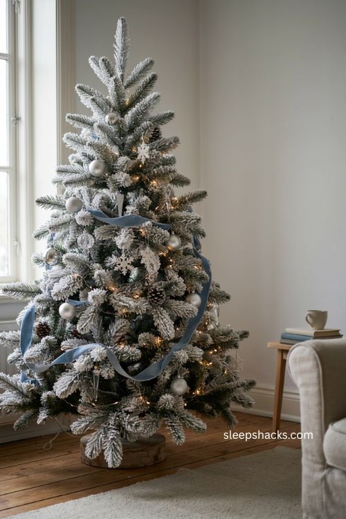 Fully flocked white Christmas tree with icy blue ribbon and crystal ornaments 