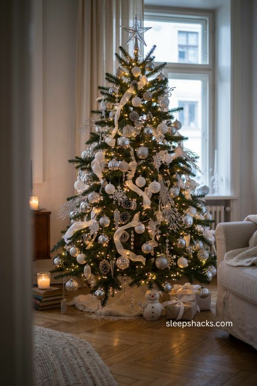 Fully frosted silver and white Christmas tree with warm lights 