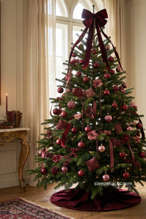 Fully monochromatic burgundy Christmas tree with satin bow flowers ribbon and berries 