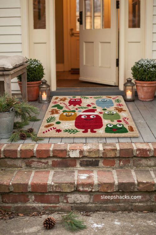 Funny Christmas character doormat with playful gonk frog design and cheerful holiday porch decor 