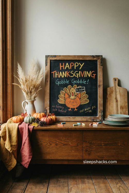 Funny Thanksgiving chalkboard idea with colorful turkey doodle and playful Friendsgiving decor 