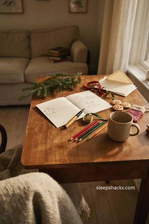 Funny pun Christmas card for boyfriend with handmade doodle supplies and cozy holiday writing corner 