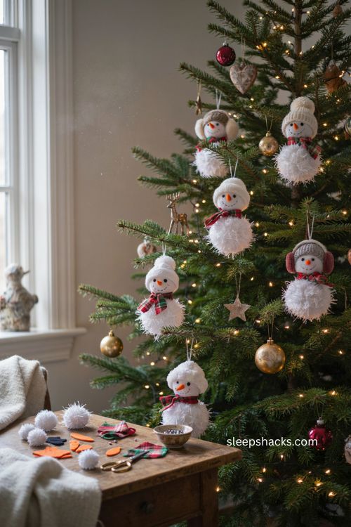 Fuzzy snowman pom pom ornaments diy Christmas tree decor 