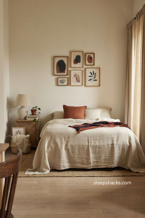 Gallery wall with navy rust and terracotta bedroom accents 