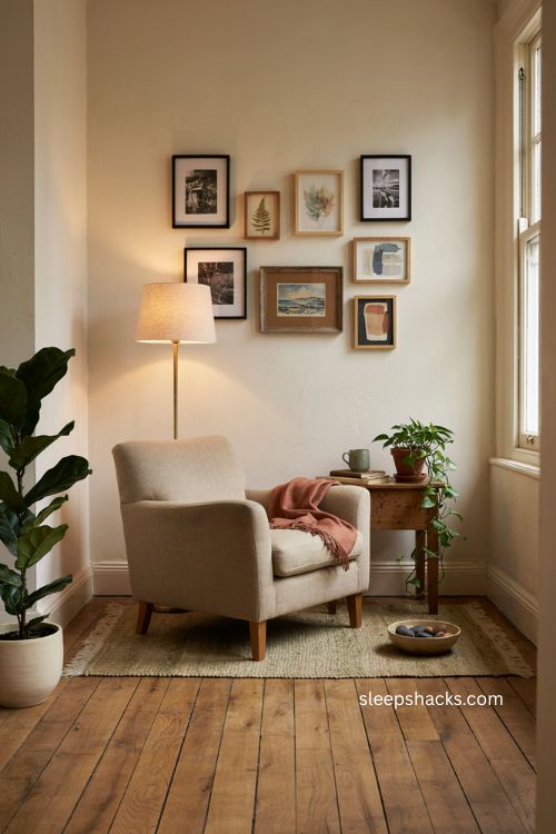 Gallery wall with personal touches in a warm therapy office with botanical art and natural wood frames 
