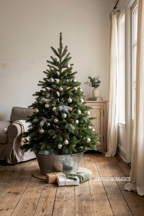 Galvanized tub Christmas tree stand with silver ornaments faux snow and rustic farmhouse holiday decor 