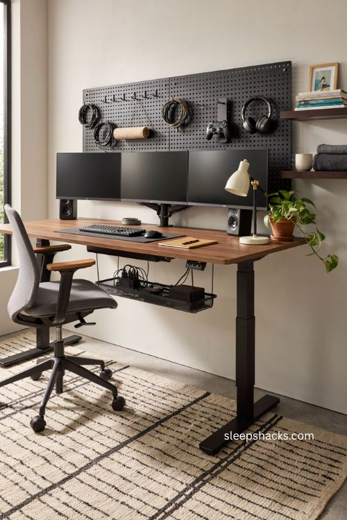 Gaming style standing desk with multiple monitors and organized cable setup 