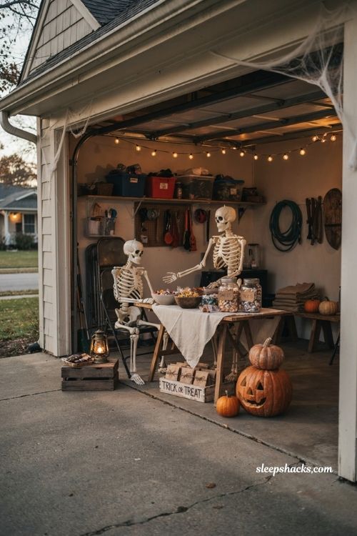 Garage Halloween party ideas with a cozy trick or treat candy station