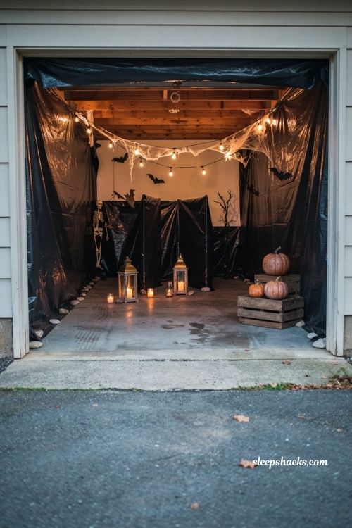 Garage Halloween party ideas with a spooky plastic sheeting haunted alley