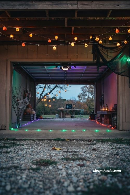 Garage Halloween party ideas with colorful spooky rope lights