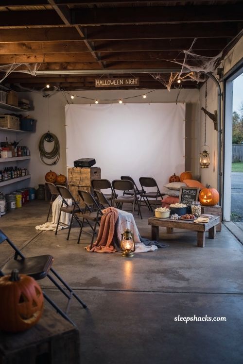 Garage Halloween party ideas with cozy scary movie night setup
