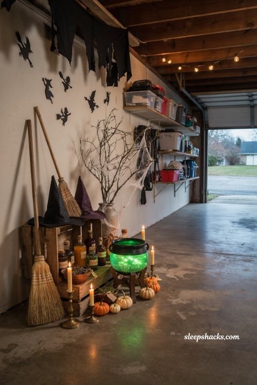 Garage Halloween party ideas with cozy witch corner and cauldron decor