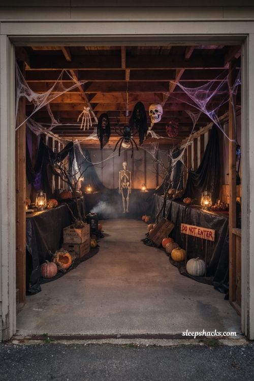 Garage Halloween party ideas with mini haunted house walkthrough