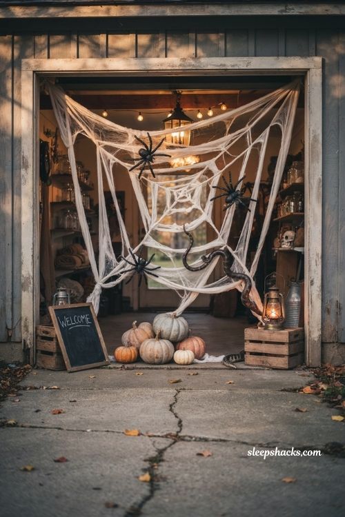Garage Halloween party ideas with oversized spiderweb door decoration
