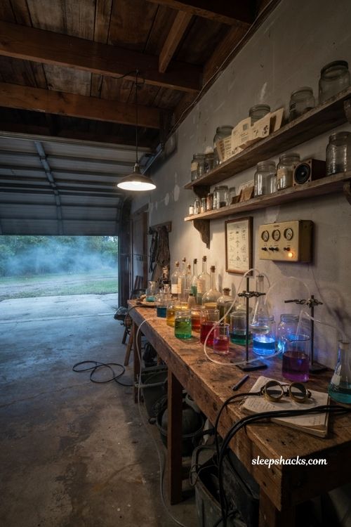 Garage Halloween party ideas with playful mad scientist laboratory decor