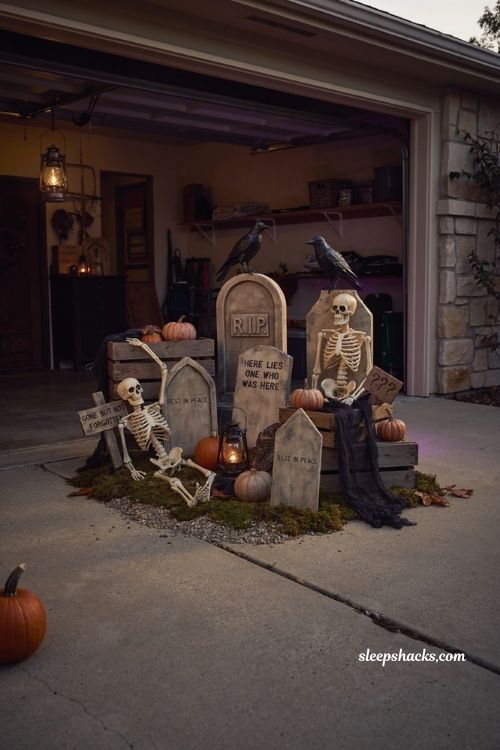 Garage Halloween party ideas with spooky cemetery corner decor