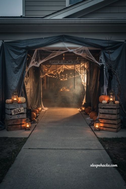 Garage Halloween party ideas with spooky tunnel of terror entrance